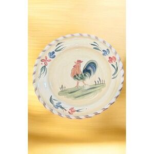 HOME Hand Painted Rooster Floral Ceramic Dinner Plate Scalloped Rope Edge 9 in